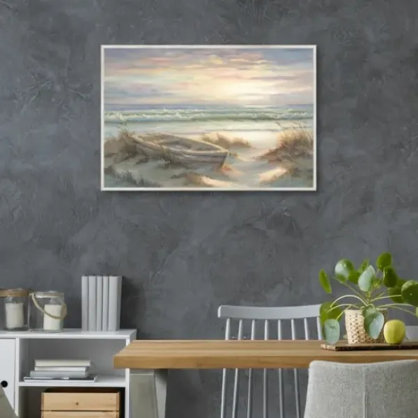 Framed Art-Kirkland's Home Old Rowboat On The Shore Framed Canvas Art Print Ivory/Blue/Multi