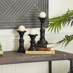 Candle Holders-Kirkland's Home Onyx Turned Wood 3-Pc. Candle Holder Set Black