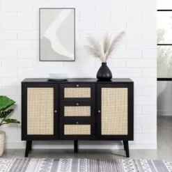 Cabinets & Sideboards-Kirkland's Home Onyx Wood And Natural Rattan Doors Sideboard Tan/Black