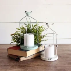 Candle Holders-Kirkland's Home Open Cage With Bird Candle Holders, Set Of 2 Blue/White