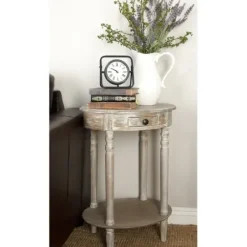 Accent & End Tables-Kirkland's Home Oval Washed Pine Wood Side Table White
