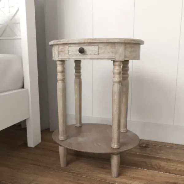 Accent & End Tables-Kirkland's Home Oval Washed Pine Wood Side Table White