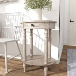 Accent & End Tables-Kirkland's Home Oval Washed Pine Wood Side Table White