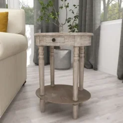 Accent & End Tables-Kirkland's Home Oval Washed Pine Wood Side Table White