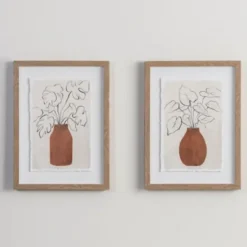 Framed Art-Kirkland's Home Palm Leaves In Vase Framed Art Prints, Set Of 2 White/Tan/Brown