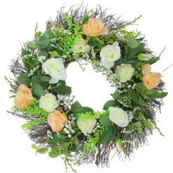 Wreaths-Kirkland's Home Peachy Roses And Baby'S Breath Wreath Green/Pink/White