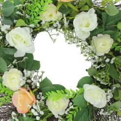 Wreaths-Kirkland's Home Peachy Roses And Baby'S Breath Wreath Green/Pink/White