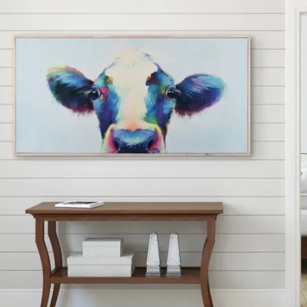 Framed Art-Kirkland's Home Peek A Moo Natural Wood Framed Art Print Blue/White/Black