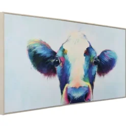 Framed Art-Kirkland's Home Peek A Moo Natural Wood Framed Art Print Blue/White/Black