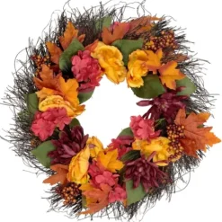 Wreaths-Kirkland's Home Peony And Mum Floral Wreath Yellow/Red/Orange