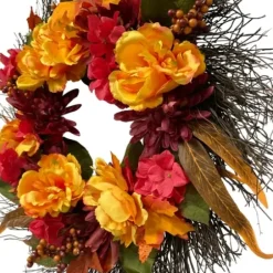 Wreaths-Kirkland's Home Peony And Mum Floral Wreath Yellow/Red/Orange