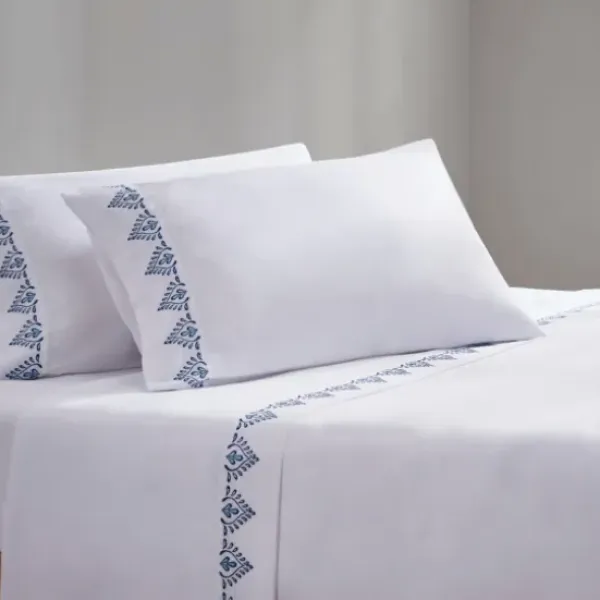 Bed Sheets-Kirkland's Home Petal Blossom Hem Microfiber 4-Pc. King Sheet Set White/Blue