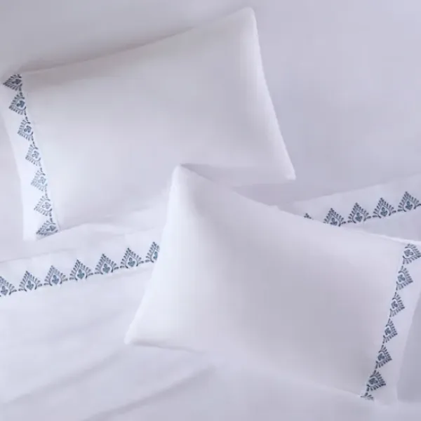 Bed Sheets-Kirkland's Home Petal Blossom Hem Microfiber 4-Pc. Queen Sheet Set White/Blue