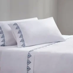 Bed Sheets-Kirkland's Home Petal Blossom Hem Microfiber 4-Pc. Full Sheet Set White/Blue