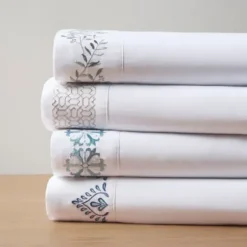 Bed Sheets-Kirkland's Home Petal Blossom Hem Microfiber 4-Pc. Full Sheet Set White/Blue