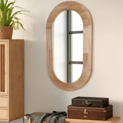 Decorative Mirrors-Kirkland's Home Pill Capsule Oval Shaped Wood Wall Mirror