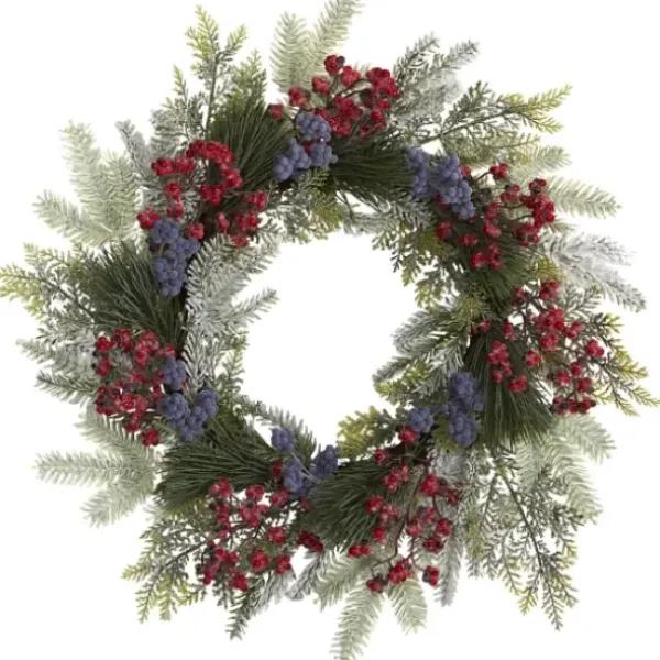 Wreaths-Kirkland's Home Pine And Cedar Branches With Berries Wreath Green/Red/Purple