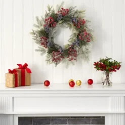 Wreaths-Kirkland's Home Pine And Cedar Branches With Berries Wreath Green/Red/Purple