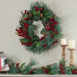 Wreaths-Kirkland's Home Pine Needles And Berries Wreath Green/Red