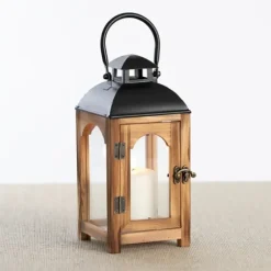 Lanterns-Kirkland's Home Pine Wood And Black Metal Lantern, 11 In. Brown/Black