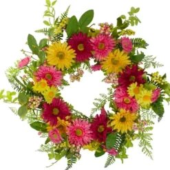 Wreaths-Kirkland's Home Pink And Yellow Chrysanthemum And Daisy Wreath Yellow/Pink/Green