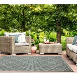 Outdoor Rugs-Kirkland's Home Placid Portico Sun Shower Outdoor Area Rug, 5X8 Blue/Ivory