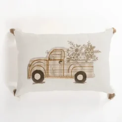 Pillows-Kirkland's Home Plaid Pickup Truck Lumbar Pillow White/Tan