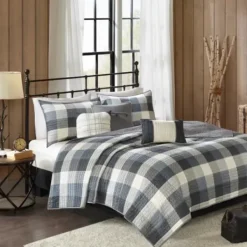 Bedspreads & Coverlets-Kirkland's Home Plaid Reversible 6-Pc. Full/Queen Coverlet Set Gray/White