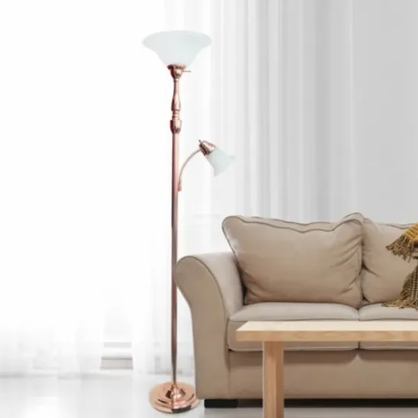 Floor Lamps-Kirkland's Home Polished Rose Gold And White Reading Arm Torchiere Pink