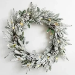 Wreaths-Kirkland's Home Pre-Lit Flocked Winter Pinecone Wreath White