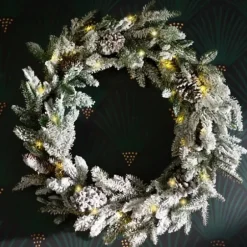 Wreaths-Kirkland's Home Pre-Lit Flocked Winter Pinecone Wreath White