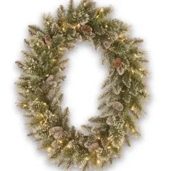 Wreaths-Kirkland's Home Pre-Lit Glittery Pine Oval Christmas Wreath Green