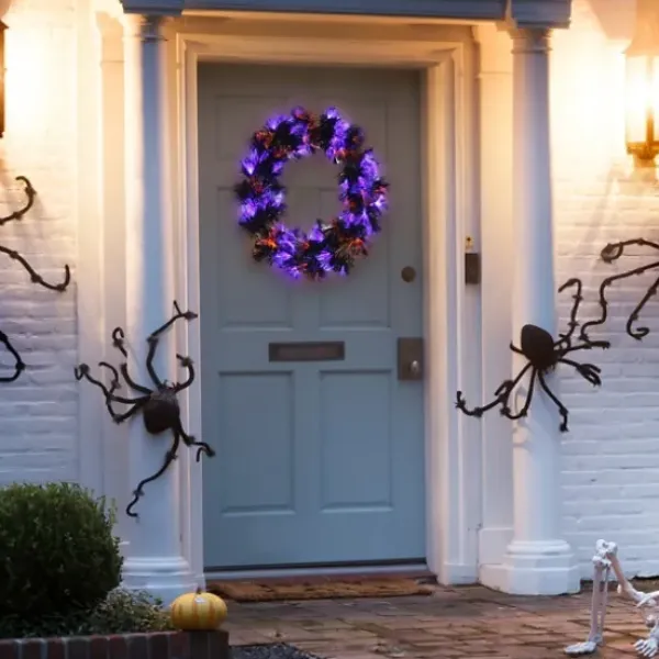 Wreaths-Kirkland's Home Pre-Lit Purple Fiber Optics Halloween Wreaths Purple/Orange/Black