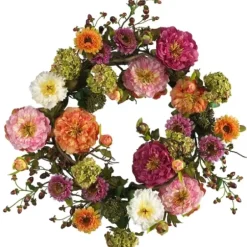 Wreaths-Kirkland's Home Pretty Peony Garden Mix Wreath Pink/Green/Orange/Purple
