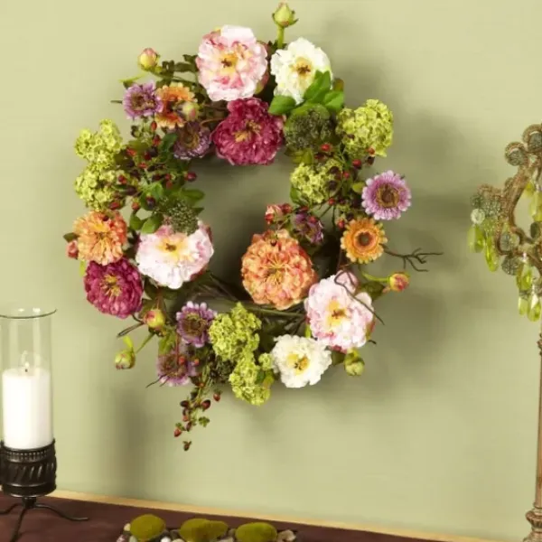 Wreaths-Kirkland's Home Pretty Peony Garden Mix Wreath Pink/Green/Orange/Purple