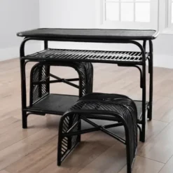 Console Tables-Kirkland's Home Rattan 3-Pc. Nesting Table Set Black