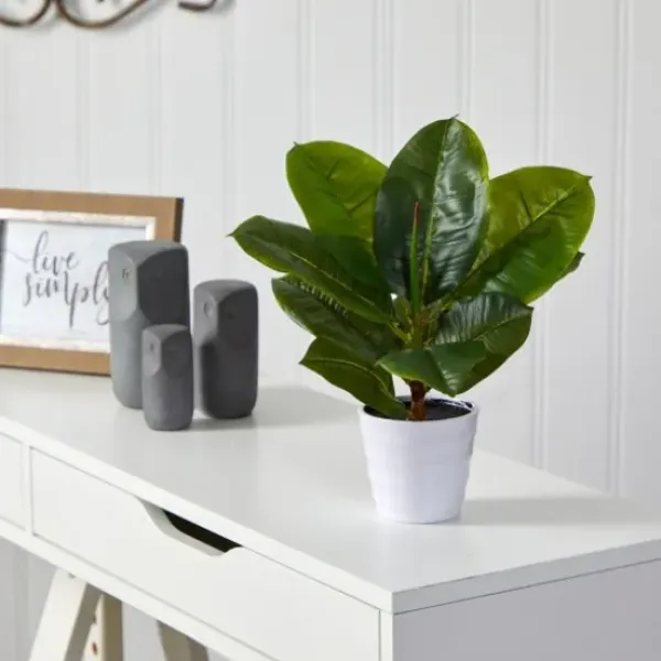Arrangements & Greenery-Kirkland's Home Real Touch Rubber Leaf In Ribbed White Planter Green/White