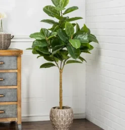 Trees & Topiaries-Kirkland's Home Real Touch Rubber Tree In Black Pot, 4 Ft.