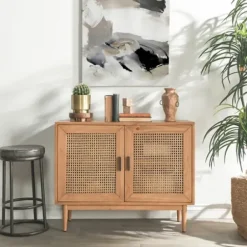 Cabinets & Sideboards-Kirkland's Home Reclaimed Pine And Woven Cane Cabinet