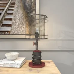 Table Lamps-Kirkland's Home Red Iron Cage Shade Edison Table Lamp Black