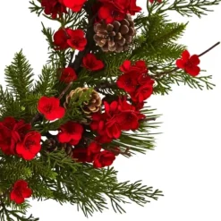 Wreaths-Kirkland's Home Red Plum Blossom Pinecone Wreath, 24 In. Green/Red