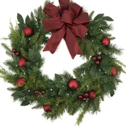 Wreaths-Kirkland's Home Red Velvet Ribbon And Ornaments Pre-Lit Wreath Green/Red