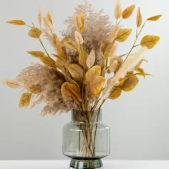 Arrangements & Greenery-Kirkland's Home Reeds And Leaves Arrangement In Glass Vase Tan/Yellow