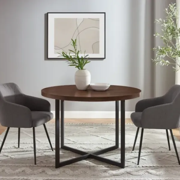 Dining Tables-Kirkland's Home Round And Black X Base Dining Table Brown