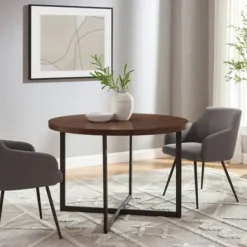 Dining Tables-Kirkland's Home Round And Black X Base Dining Table Brown