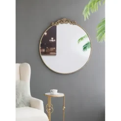 Decorative Mirrors-Kirkland's Home Round Antique Floral Scroll Mirror, 39 In. Gold