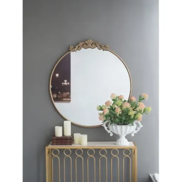 Decorative Mirrors-Kirkland's Home Round Antique Floral Scroll Mirror, 39 In. Gold