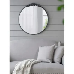 Decorative Mirrors-Kirkland's Home Round Antique Floral Scroll Mirror, 32 In. Black