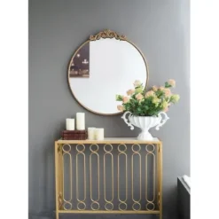 Decorative Mirrors-Kirkland's Home Round Antique Floral Scroll Mirror, 32 In. Gold