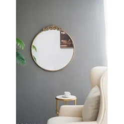 Decorative Mirrors-Kirkland's Home Round Antique Floral Scroll Mirror, 32 In. Gold